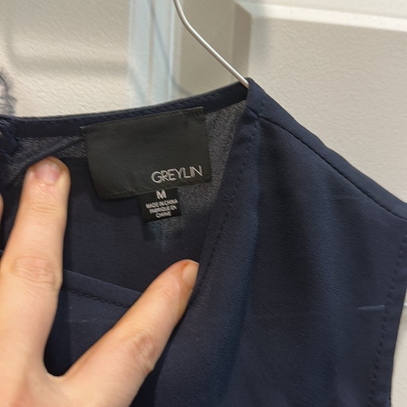 Greylin Navy Embroidery and Feather Blouse - Picture 4 of 6